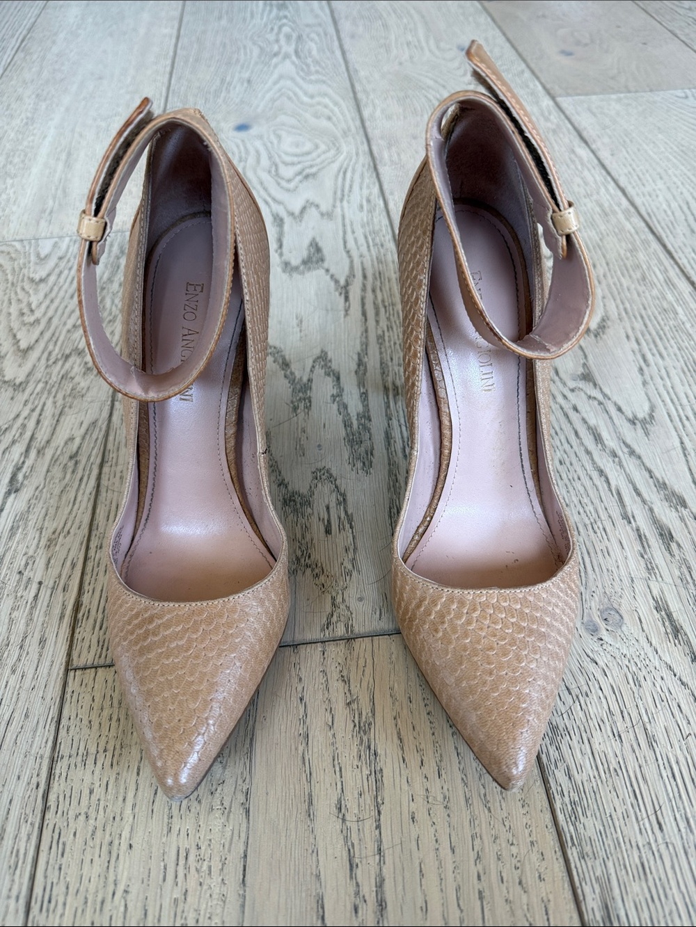 Enzo Angiolini Tan Textured Pointed-Toe Ankle-Strap Pumps